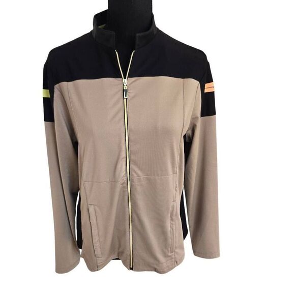 Jamie Sadock Womens Colorblock Zip Long Golf Athletic Jacket Taupe Black Medium - Picture 11 of 11